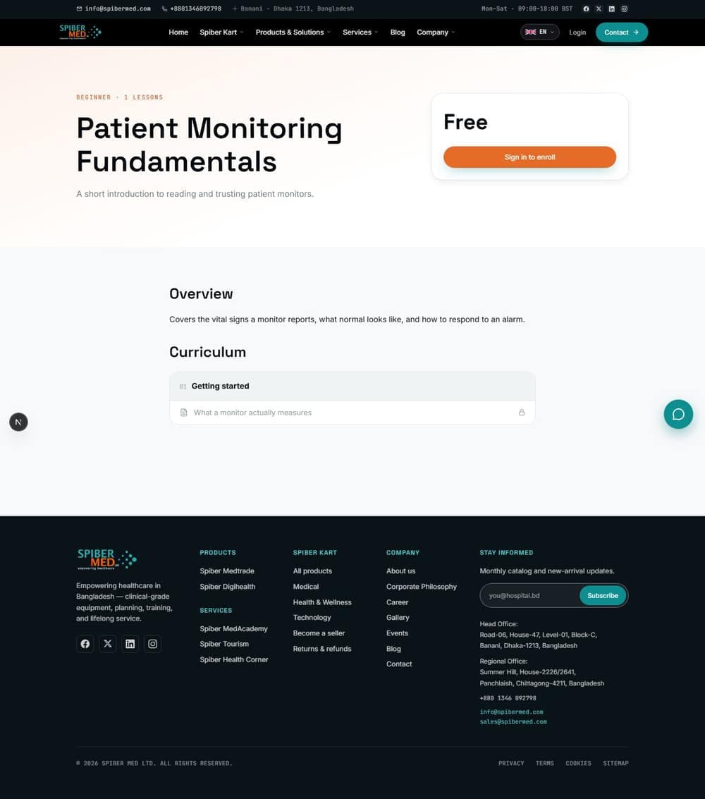 A course page: what it covers, the price, and the button to enrol.
