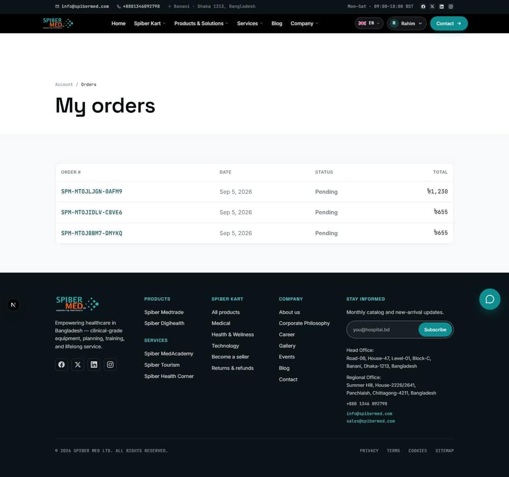 Your orders across both storefronts, newest first.