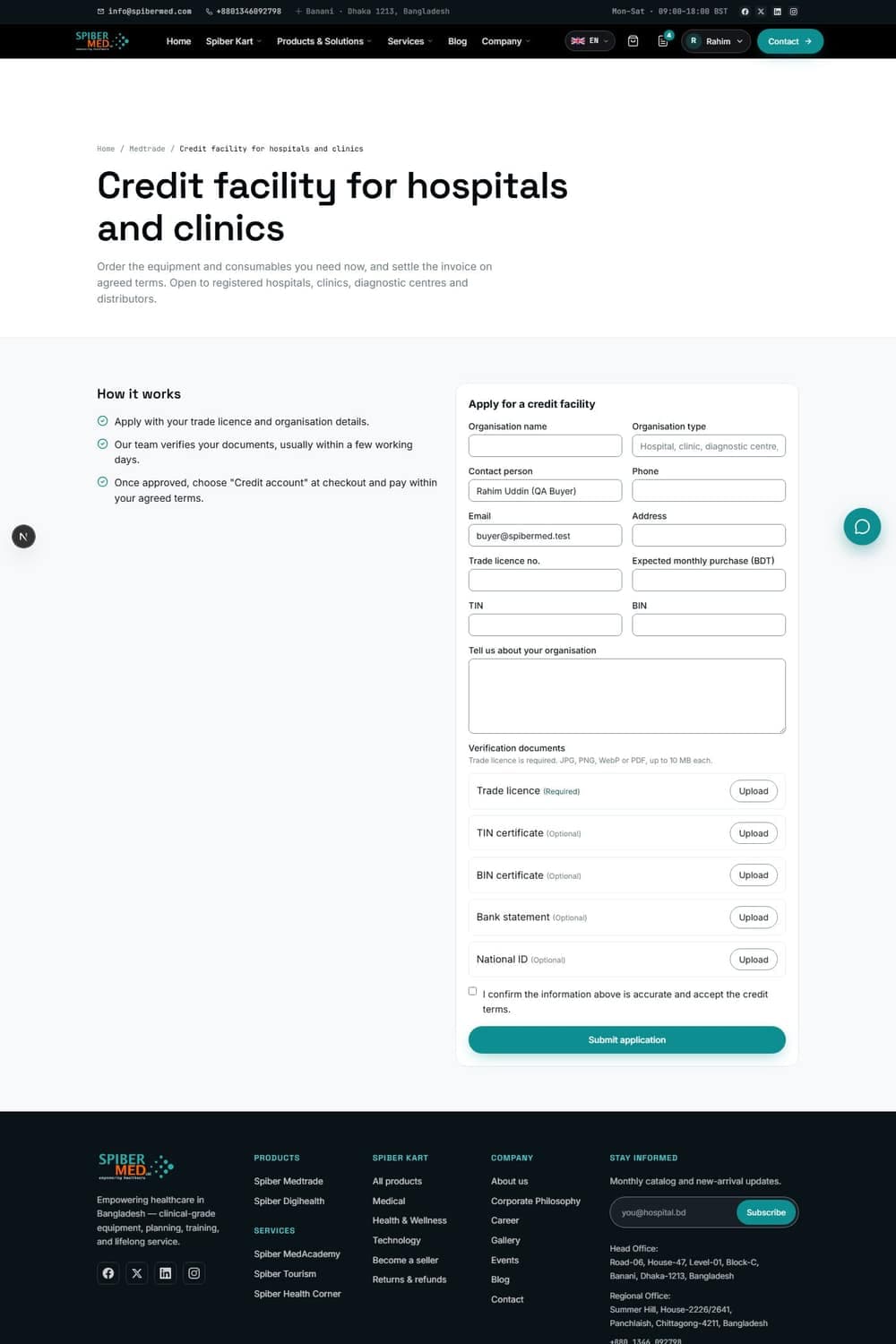 The credit facility page. Open to registered hospitals, clinics, diagnostic centres and distributors.