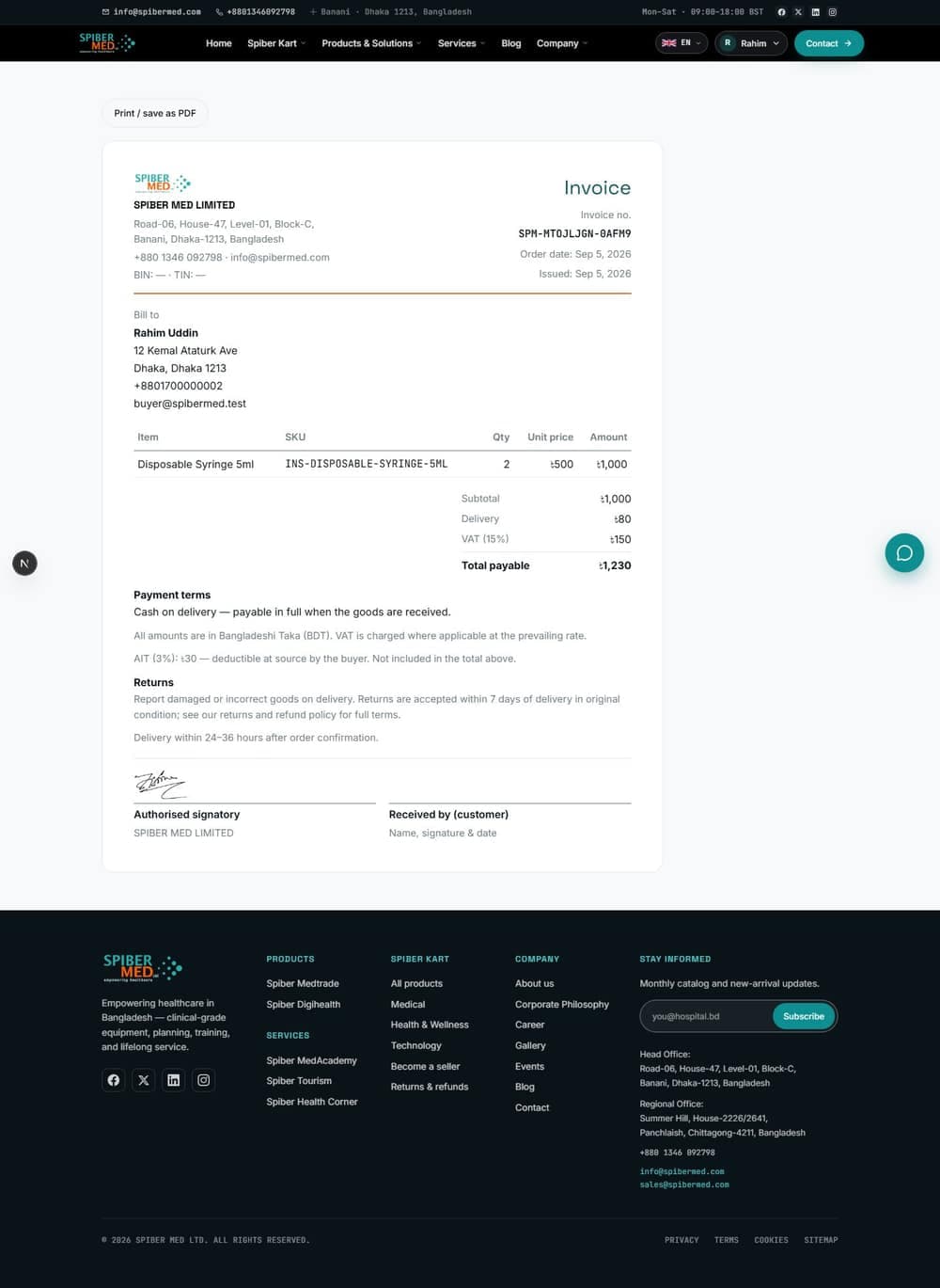 Every order has a printable invoice with the itemised goods, the VAT line, the payment terms and the AIT note. Use your browser's print dialog to save it as a PDF.