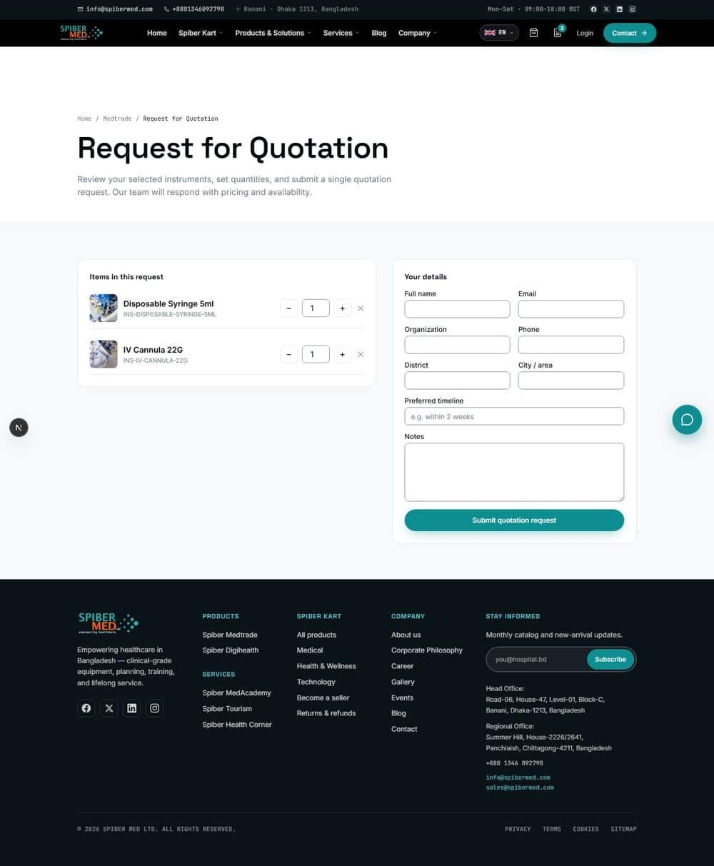 The quote list. Collect what you need, set quantities, then send one request for all of it.