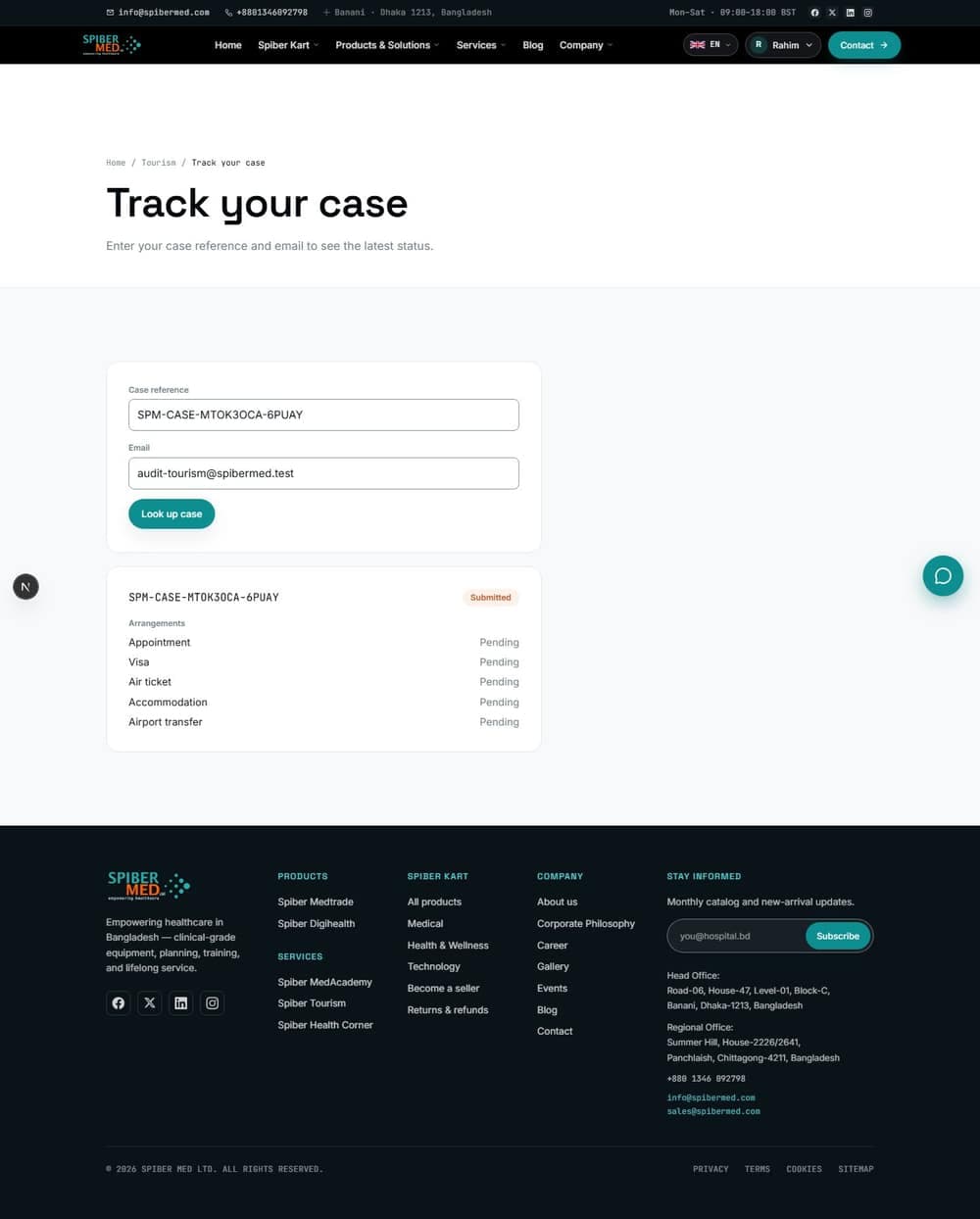 Tracking a case. The reference alone is not enough: the email must match, or the lookup is refused.