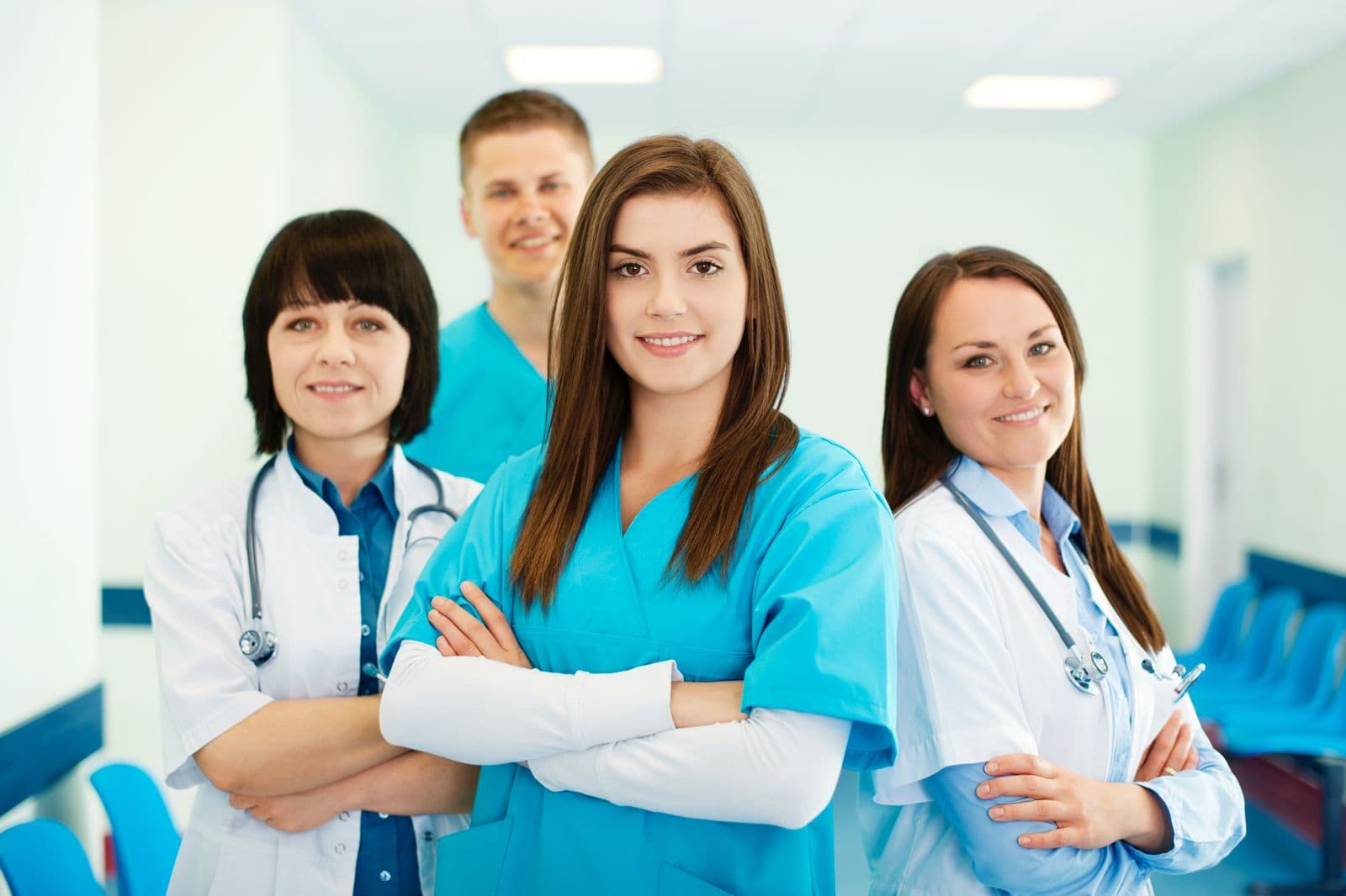 Medical team standing together in a hospital corridor